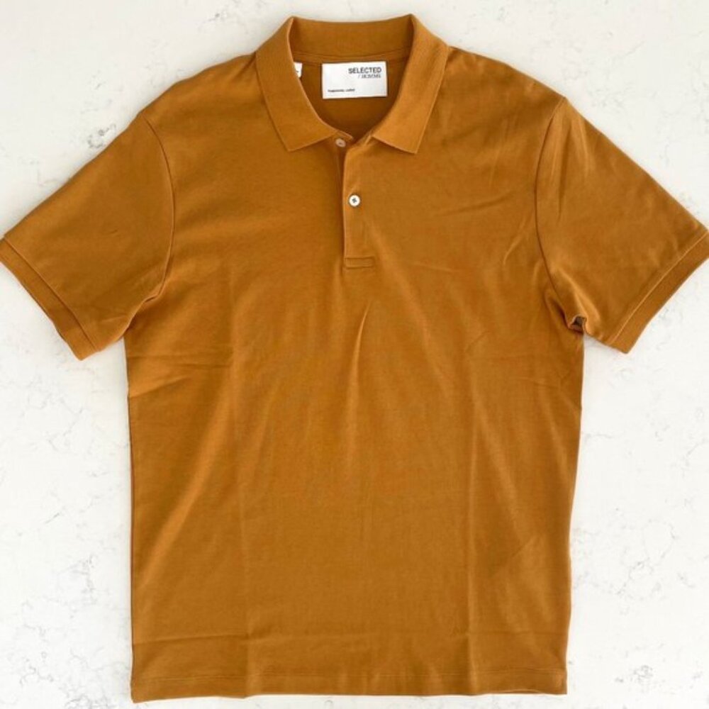 SelectedHomme SLHPARIS SS Organic Cotton Polo Shirt Wood Thrush Gold Sz M NWT